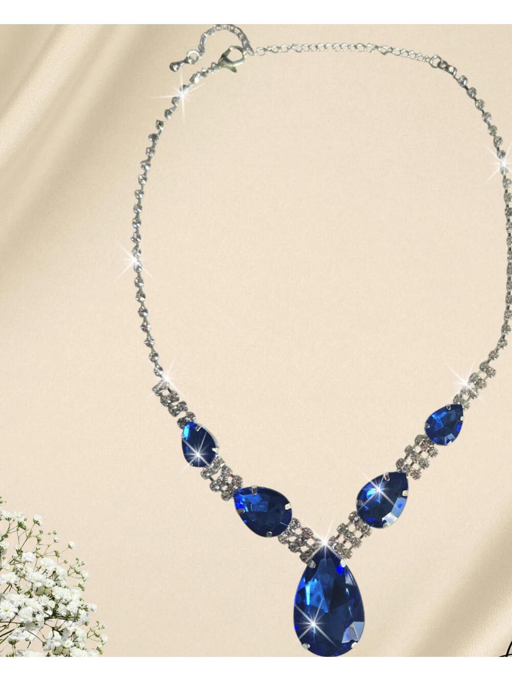 Blue Stone Necklace Adjustable Rhinestone Pageant Prom Mother's Day Gift 20" NEW